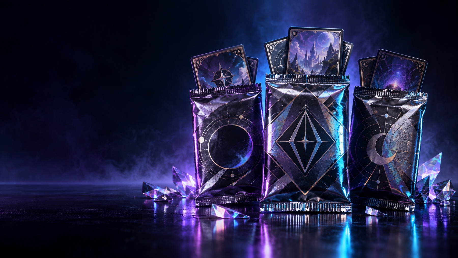 Three metallic mystery card packs with collectible cards in purple and blue light